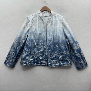 Chico’s Women’s 3 (XL) Silver Foil Pattern Jacket White Blue Ombre